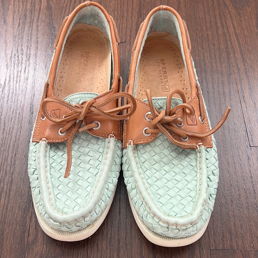 Sperry Mint Green Woven Leather Boat Shoes with Tan Trim